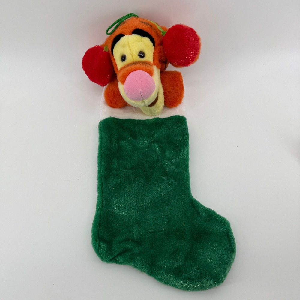 Disney Store Tigger Christmas Stocking Plush 2000s Winnie the Pooh Green Sparkle